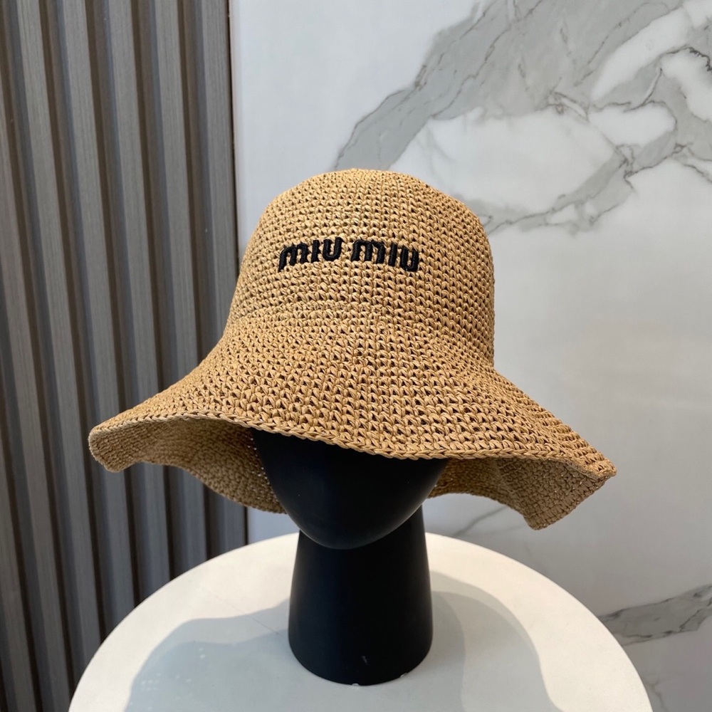 Miu Miu Natural Straw Floppy Hat with Black Logo